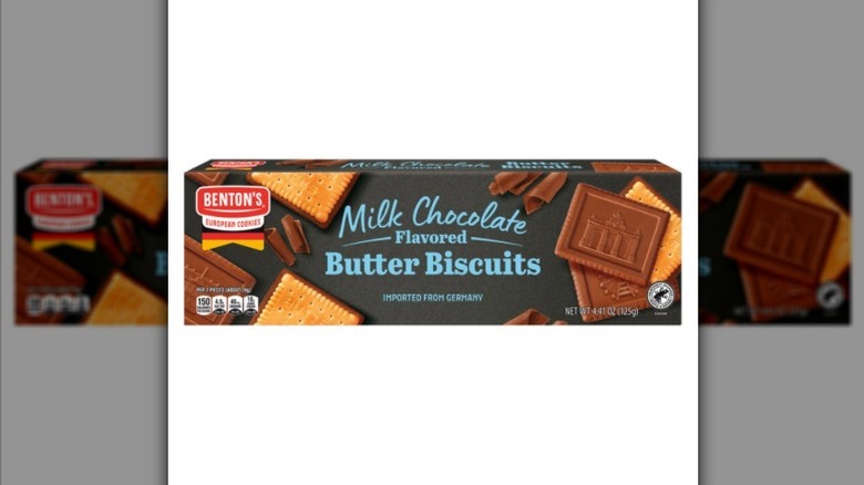 A box of Benton's Milk Chocolate Flavored Butter Biscuits on a white background