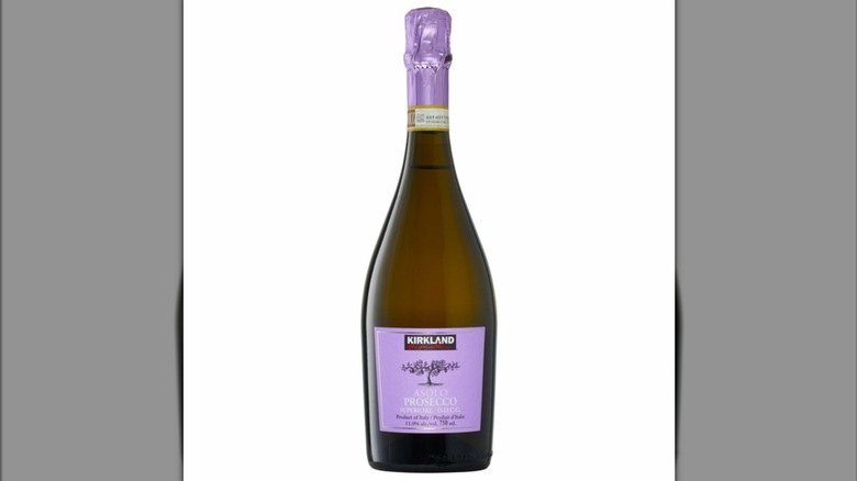 A purple labeled bottle of Kirkland Signature Prosecco DOCG