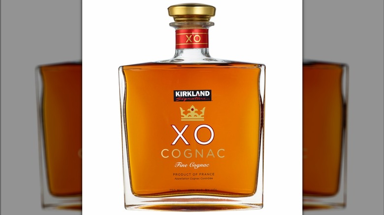 A large square bottle of Kirkland Signature XO Cognac