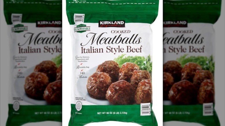 a bag of Kirkland Signature cooked Italian style beef meatballs against a white background