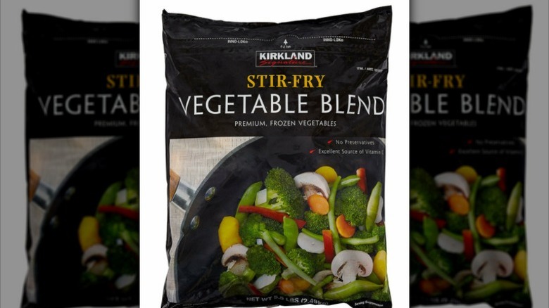 A bag of Kirkland Signature stir-fry vegetables against a white background
