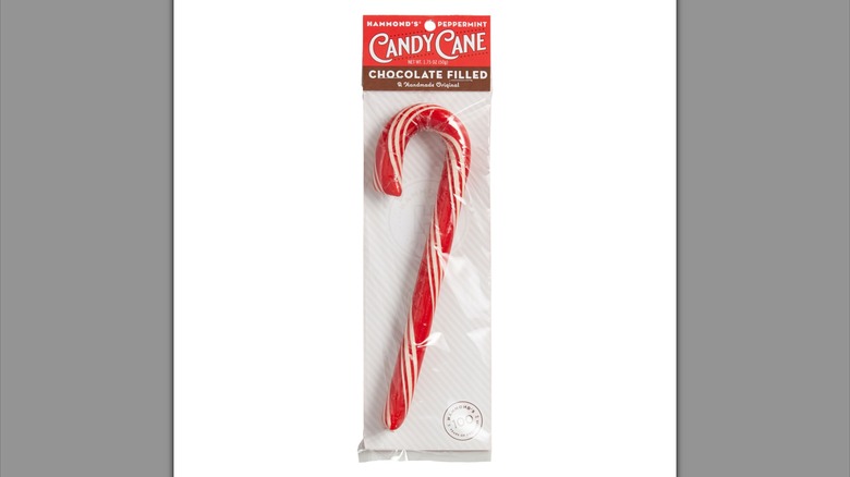 An individually-wrapped candy cane with a chocolate filling