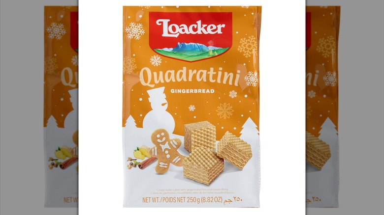 A bag of Quadratini gingerbread wafers, with a snowy seasonal bag design