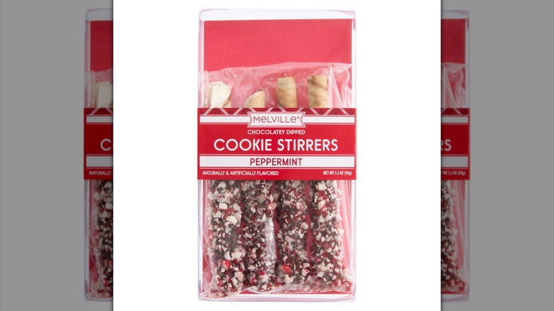 A clear bag of peppermint chocolatey cookie stirrers