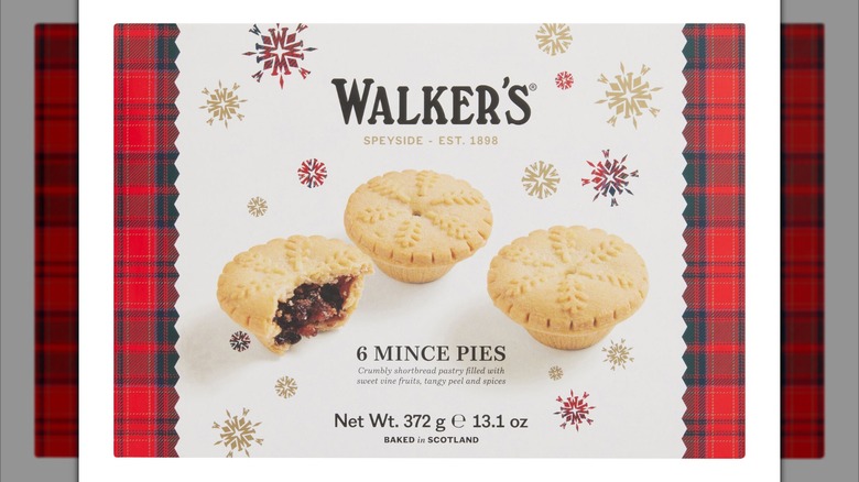 A box of six Walker's mince pies with tartan detailing on the box
