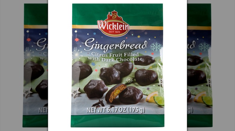 A bag of Wicklein dark chocolate-covered gingerbread filled with citrus fruits