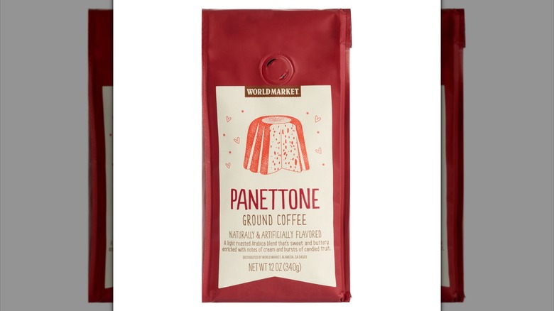 A red bag of World Market-brand Panettone Ground Coffee, with a panettone drawing on the bag