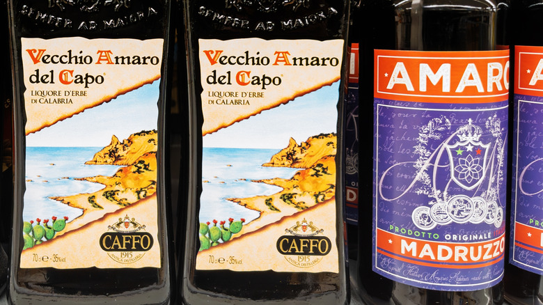 Close up of amaro bottle labels