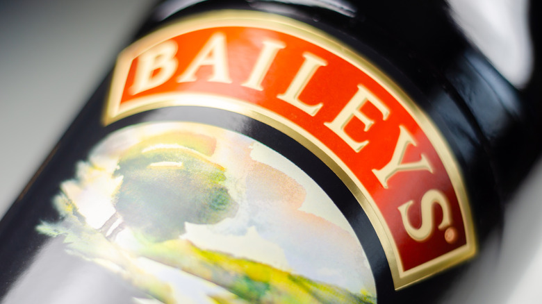 Closeup of the label on a bottle of Baileys Irish Cream
