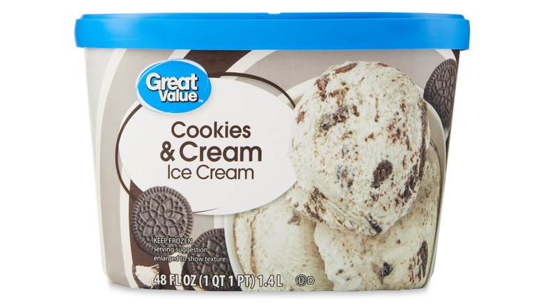 A tub of Great Value Ice Cream, Cookies & Cream flavor