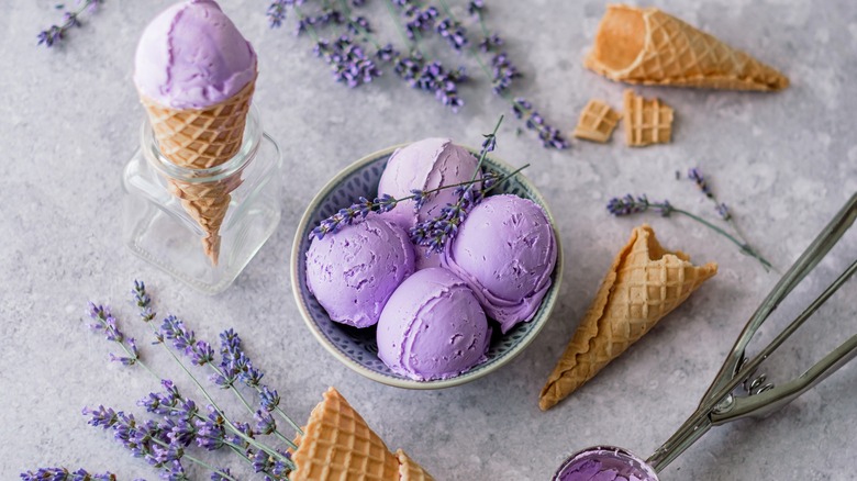 Four scoops of lavender ice cream in a bowl