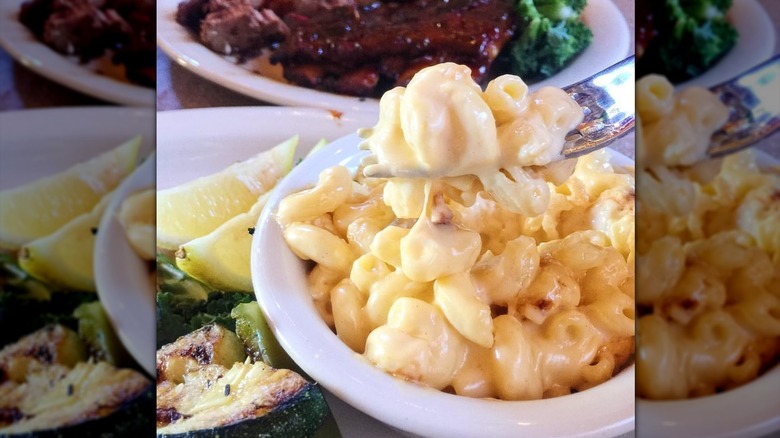 Close-up on forkful of Bobby Q's mac and cheese