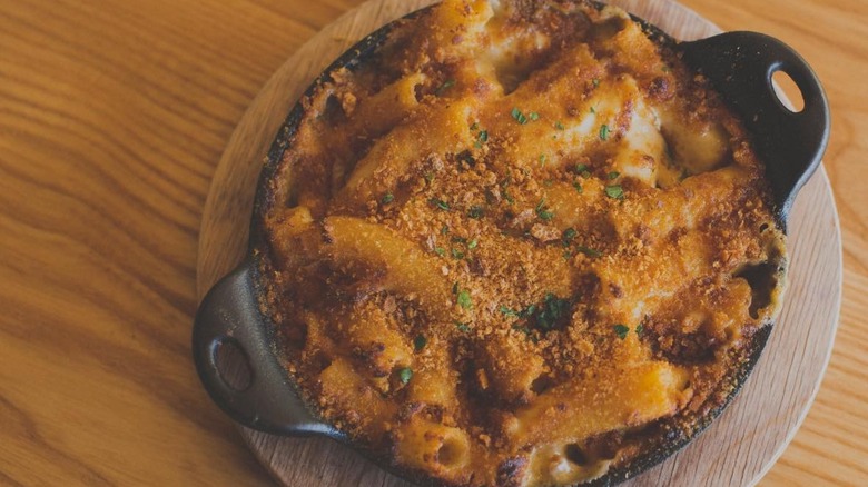 Overhead view of Cheese Bar mac and cheese in skillet