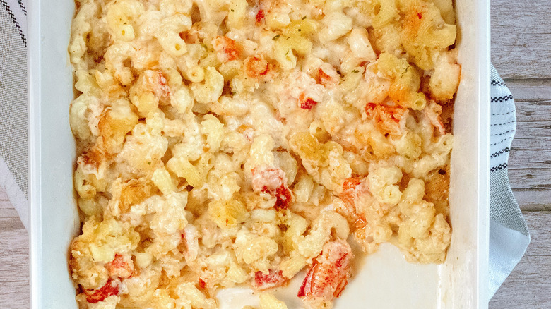 Overhead view of a tray of Hancock Gourmet Lobster Co's mac and cheese