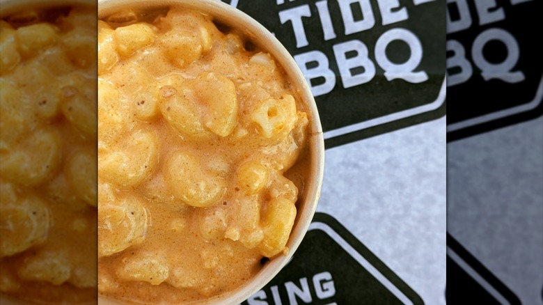 Overhead view of a bowl of Rising Tide BBQ mac and cheese