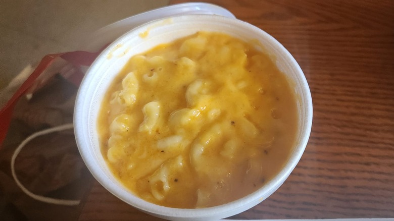 Overhead view of a bowl of Smoky Jon's BBQ mac and cheese