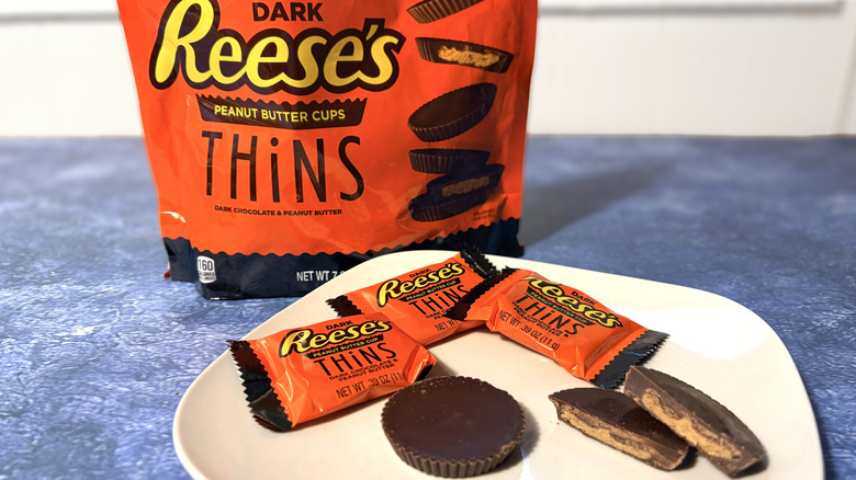 Reese's dark chocolate thins on a plate and in pouch