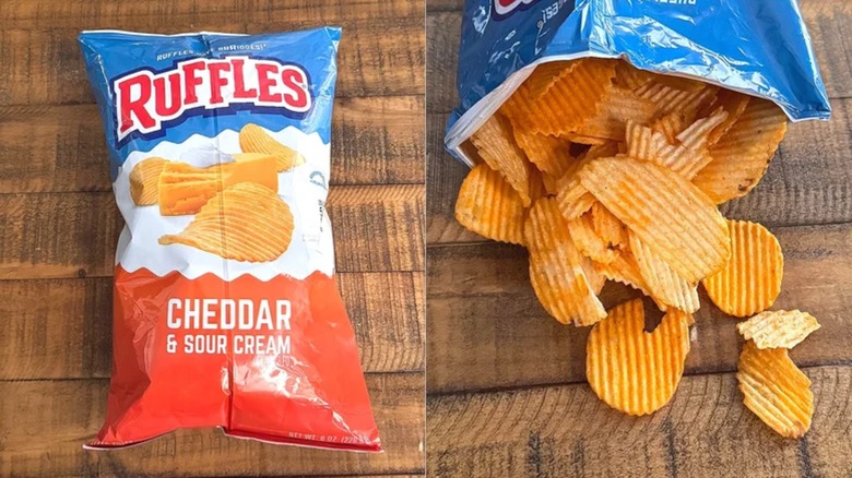 Unopened bag of Ruffles cheddar and sour cream and an opened bag with chips coming out