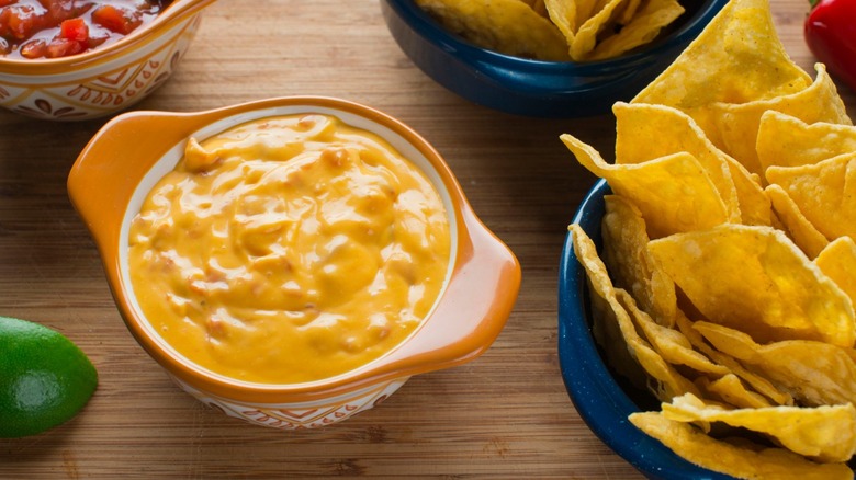 Queso dip, salsa, and chips