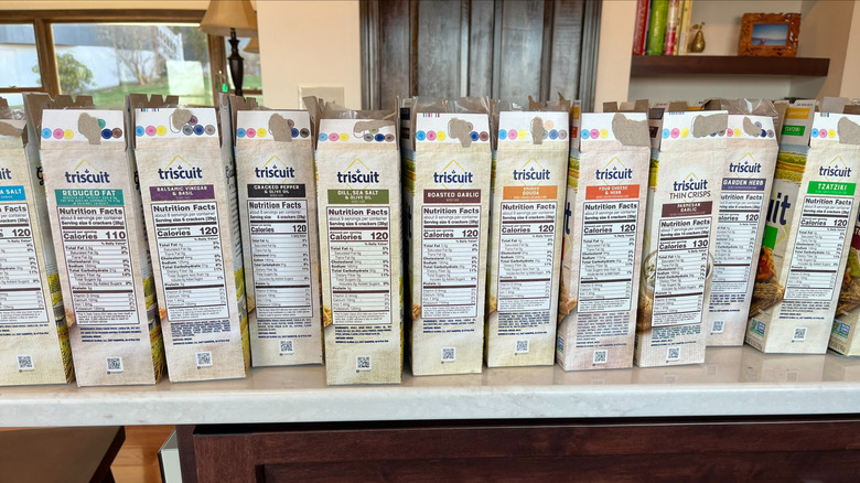 Various opened Triscuit boxes on table