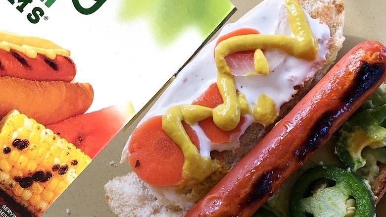 Close up of cooked MorningStar Farms vegan dog on bun