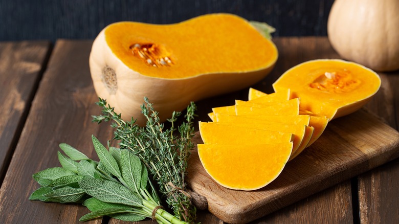 Sliced butternut squash with herbs