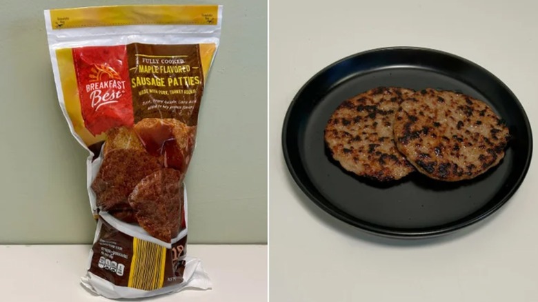 A package of Aldi's Maple Flavored Sausage Patties, next to two cooked patties on a black plate