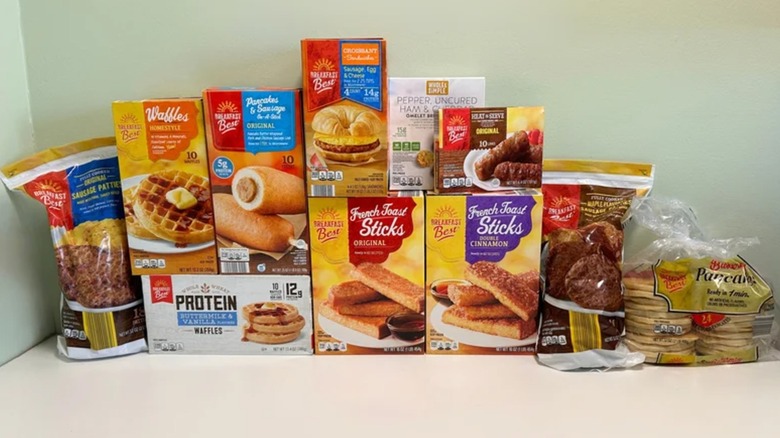 11 assorted frozen breakfast foods from Aldi, including sausage patties, pancakes, and french toast sticks