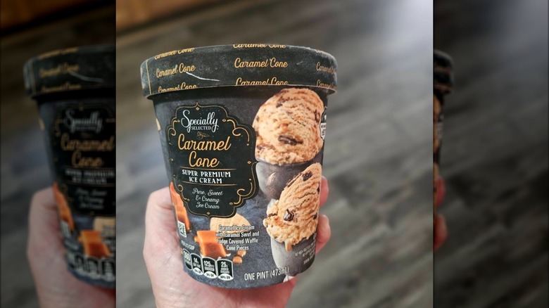 A tub of Aldi's Specially Selected Caramel Cone ice cream