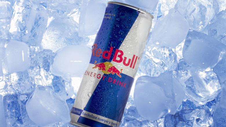 A can of Red Bull on ice
