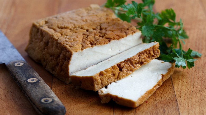 Smoked tofu on a board