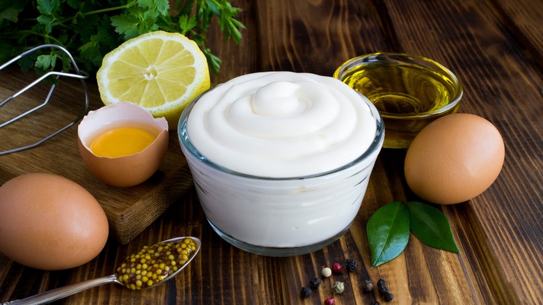 Hardboiled eggs, oils, and sauces