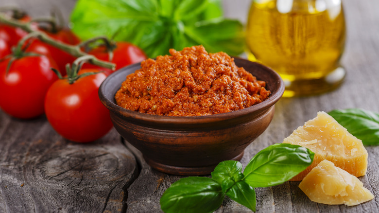 Bowl of red pesto sauce