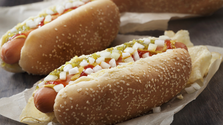 Close up of hot dogs on a paper wrapper