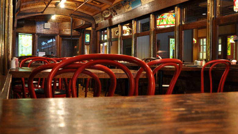 View of a railcar-style restaurant from one of the tables
