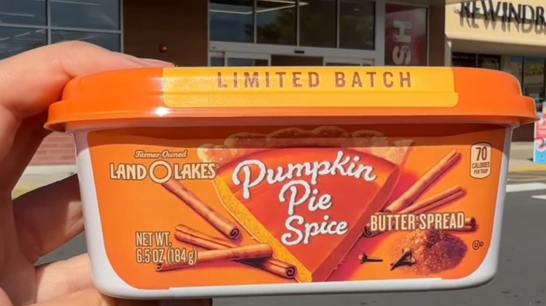 A container of Pumpkin Pie Spice Butter Spread from Land O Lakes