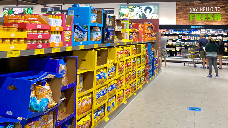 Aldi snack aisle leading to the fresh section of the store