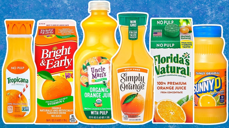 collage of orange juice brands