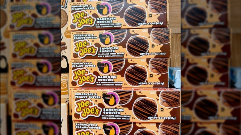 Boxes of Trader Joe's chocolate and peanut butter sandwich cookies