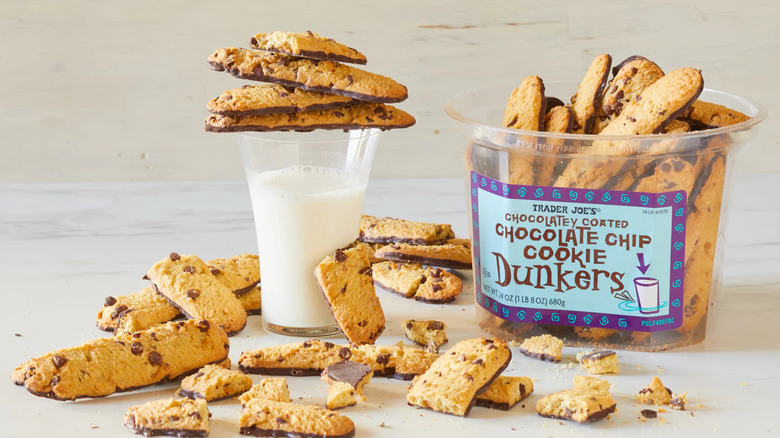 Chocolate chip cookie dunkers with a glass of milk