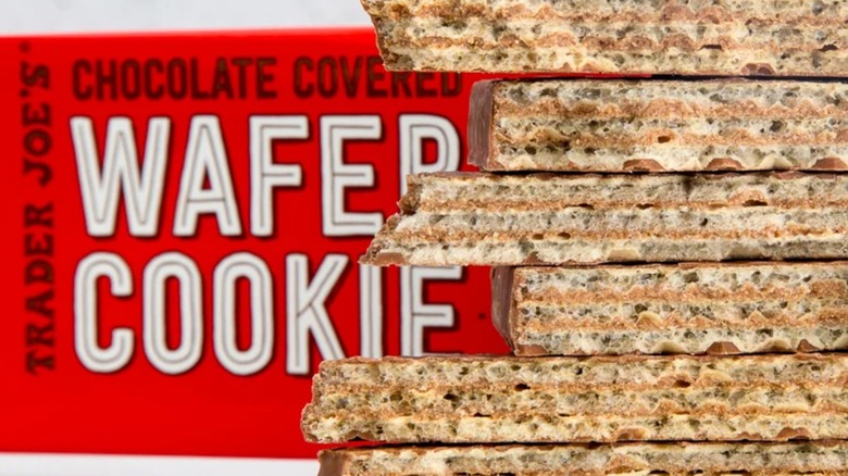 Trader Joe's wafer cookies in front of red cookie wrapper