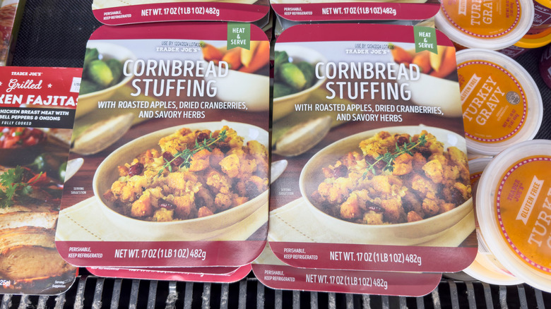 A photo of Trader Joe's Cornbread Stuffing in a display at the store