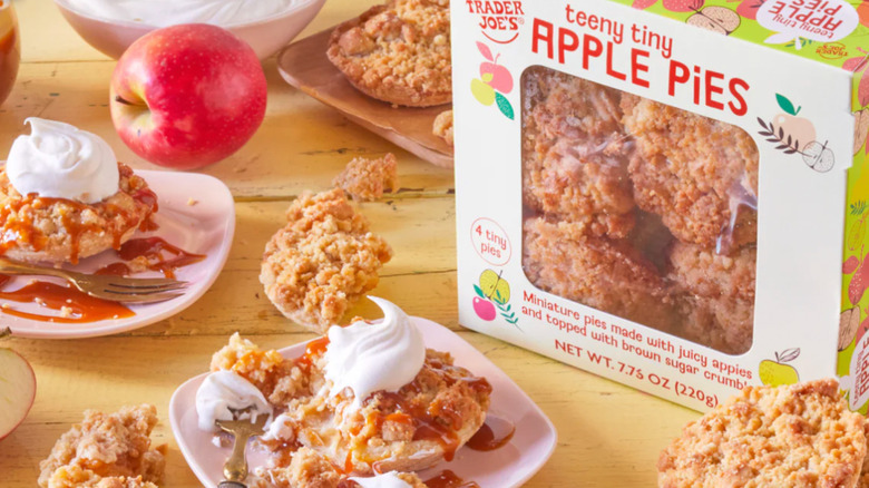 Two plates of Trader Joe's teeny tiny Apple Pies on a wood table