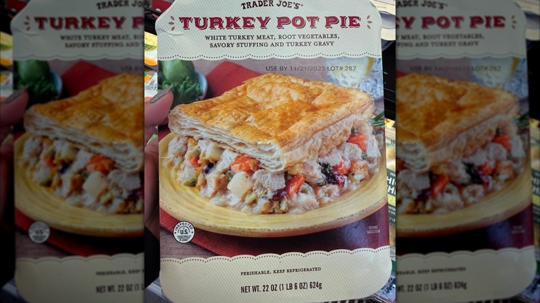 A package of Trader Joe's Turkey Pot Pie at the grocery store