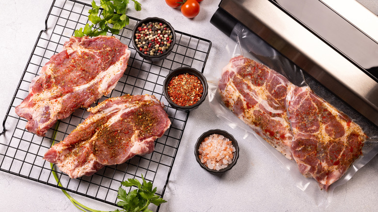 Pieces of pork shoulder on a rack next to seasoning spices