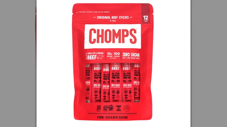 A bag of Chomps Beef Sticks on a white background