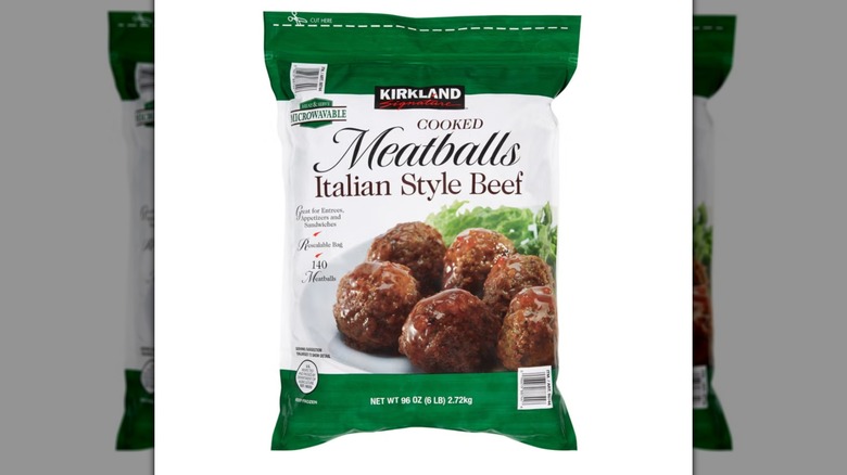 A package of Kirkland Signature Italian Style Beef Meatballs on a white background