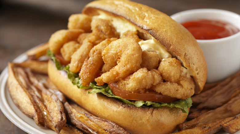 Po' boy shrimp sandwich close up