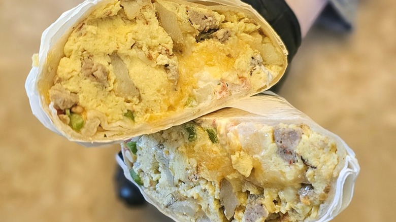 Breakfast burrito cut in half