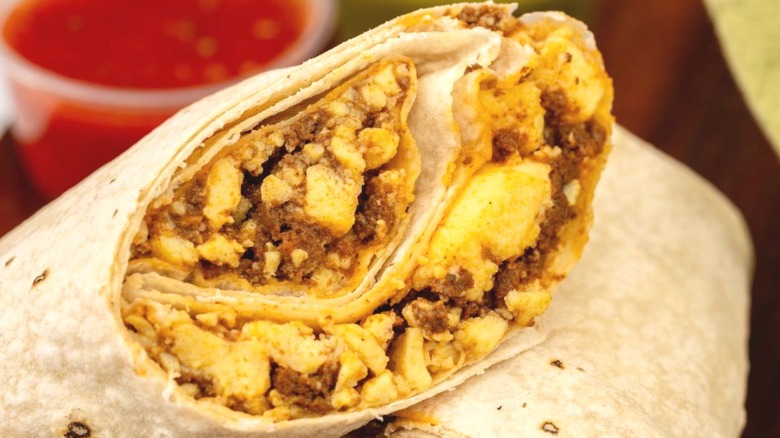 Close-up of inside of breakfast burrito
